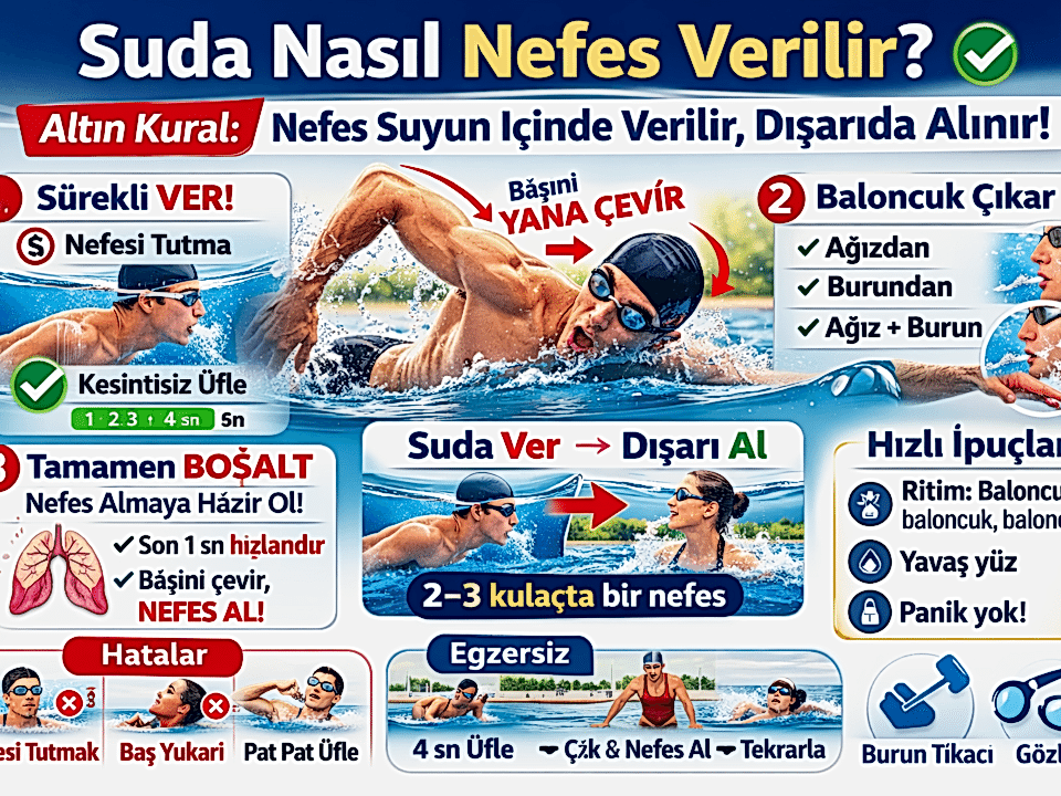 Beylikdüzü Stil Yüzme Spor Kulübü – suda nasıl nefes verilir: nefes suyun içinde verilir dışarıda alınır, baloncuk çıkarma ve başı yana çevirerek nefes alma infografiği