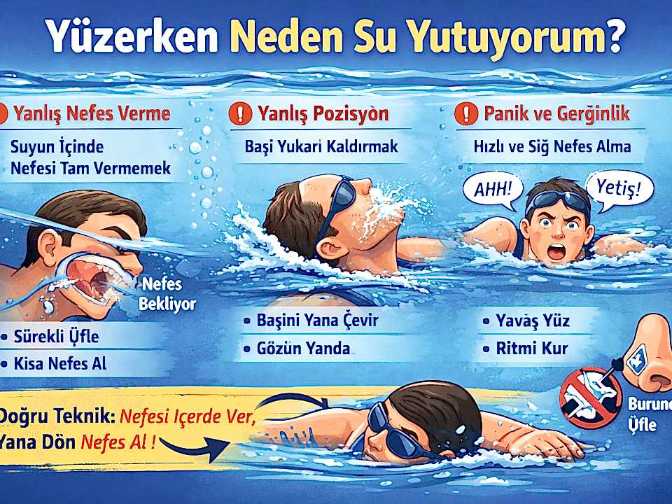 Beylikdüzü Stil Yüzme Spor Kulübü – yüzerken su yutma nedenleri ve doğru nefes tekniği (nefesi suda ver, yana dön nefes al) infografiği