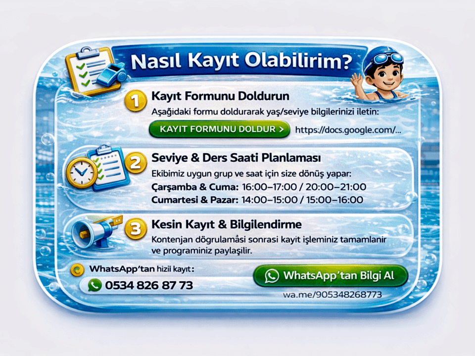 Beylikdüzü yüzme kursu kayıt formu görseli, ders saatleri ve WhatsApp iletişim bilgileri